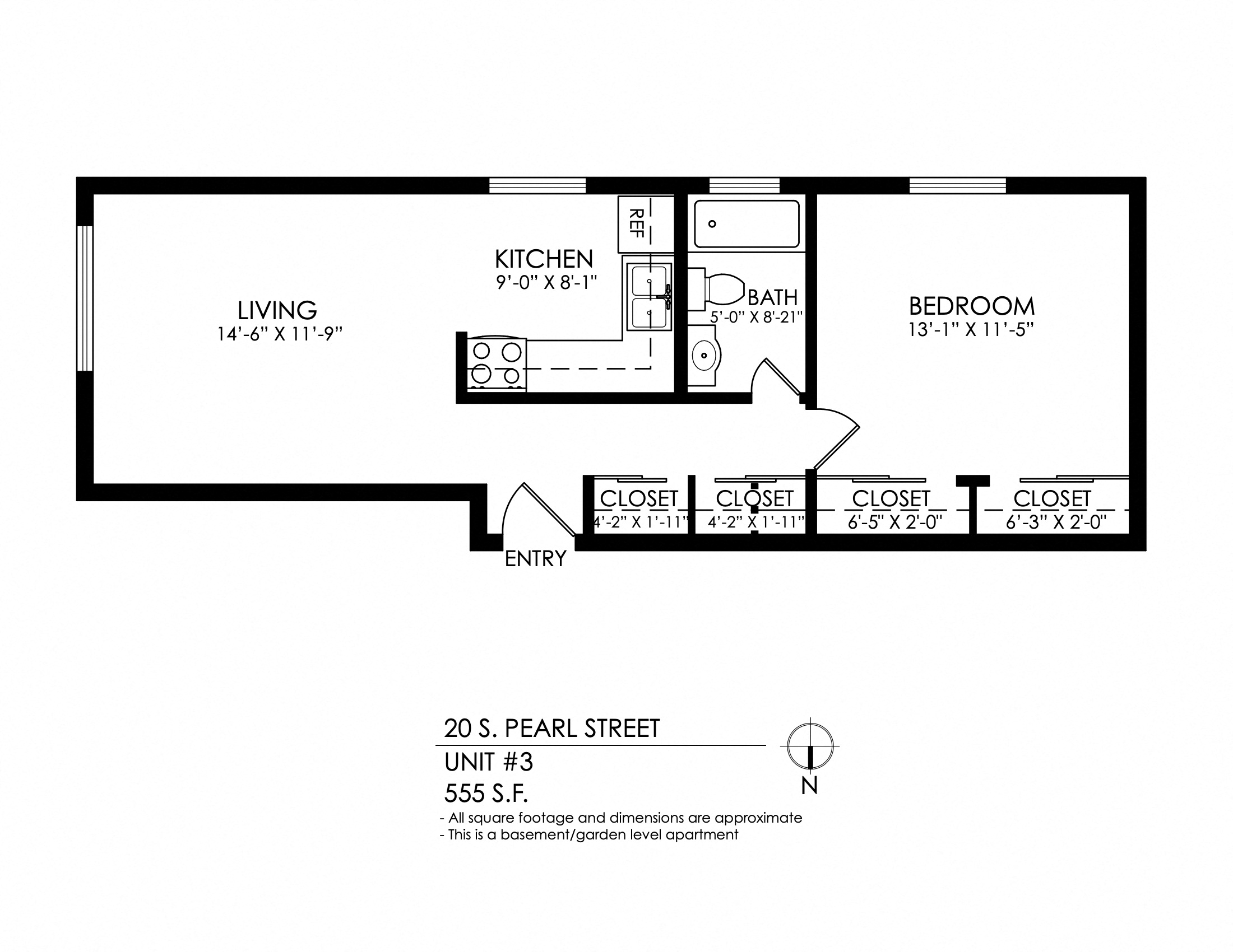 Floor plan for 1 bed, 1 bath, 620 sqft